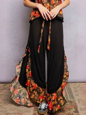 NWT POL Bohemian Black Floral Ruffle Wide Leg Pants S M L